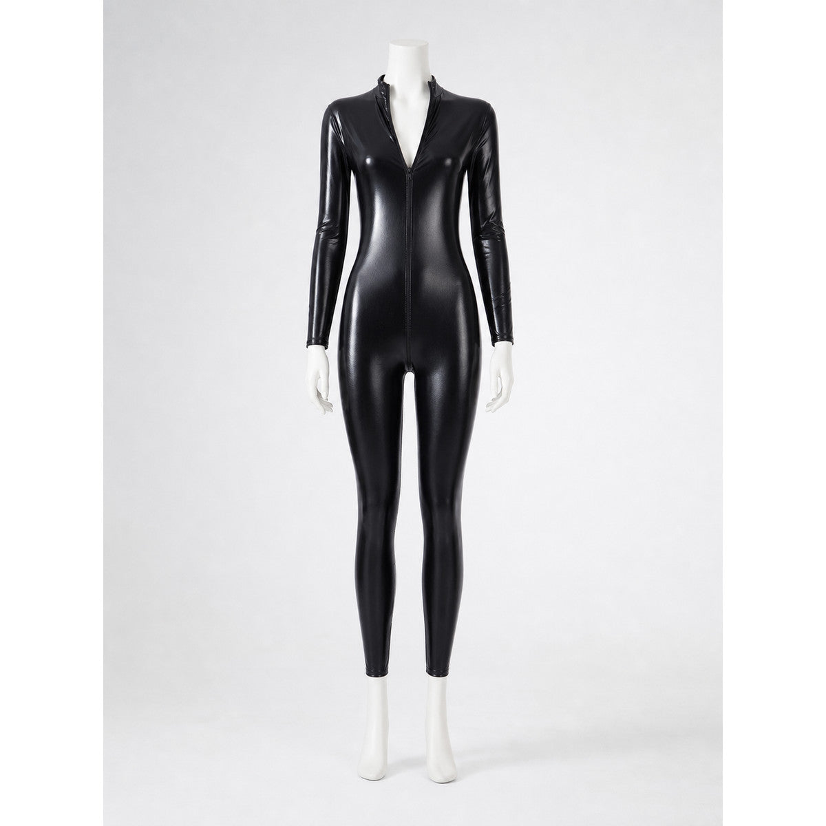 Black Glossy Long-Sleeve Jumpsuit