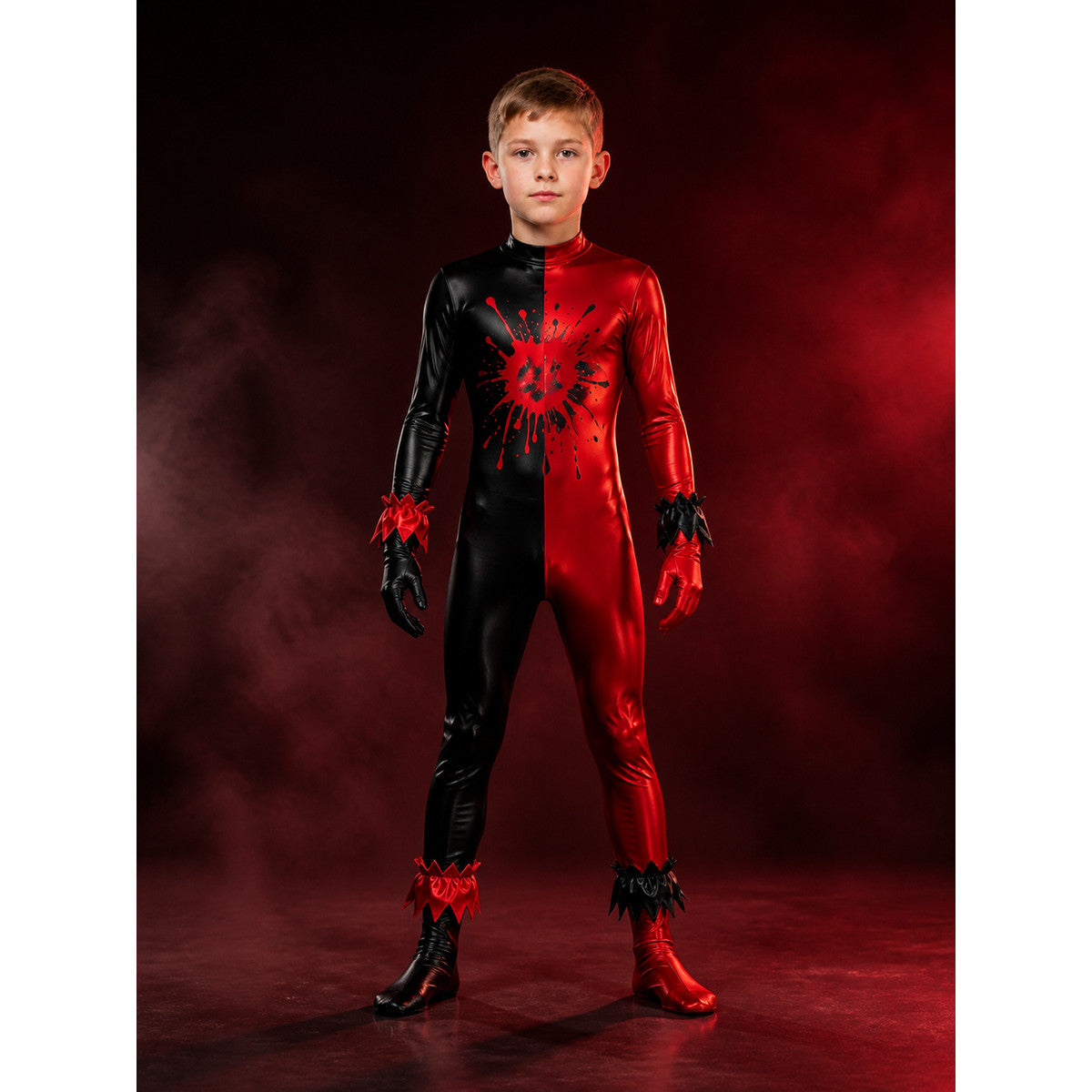Unisex Halloween Clown Bodysuit Costume, Black Red Blood Splatter Stretch main product view