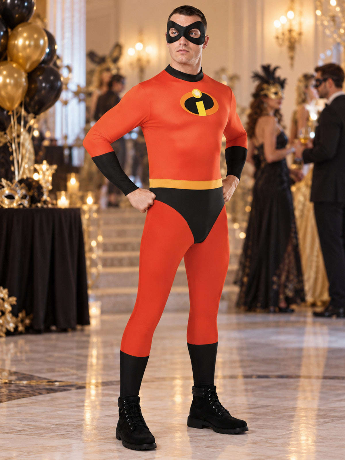 Adult superhero costume, red, with belt and mask