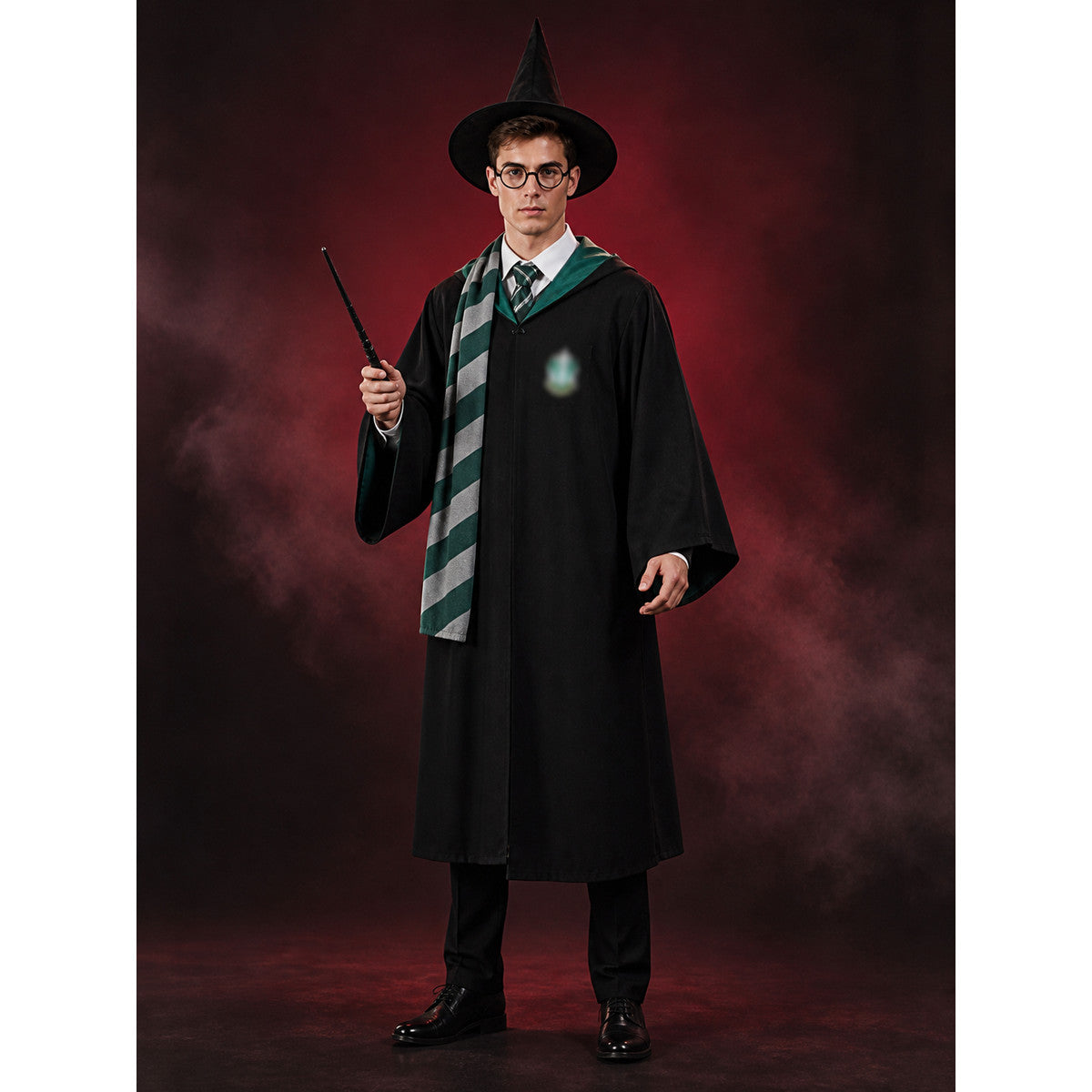 Wizard Costume Set, Hooded Robe With Hat, Scarf, Tie, Wand And Glasses, Green main product view