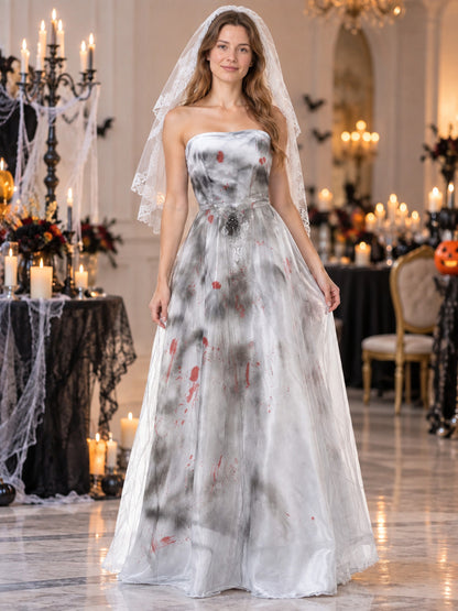 Ghost Bride Carnival Costume with White Lace Veil