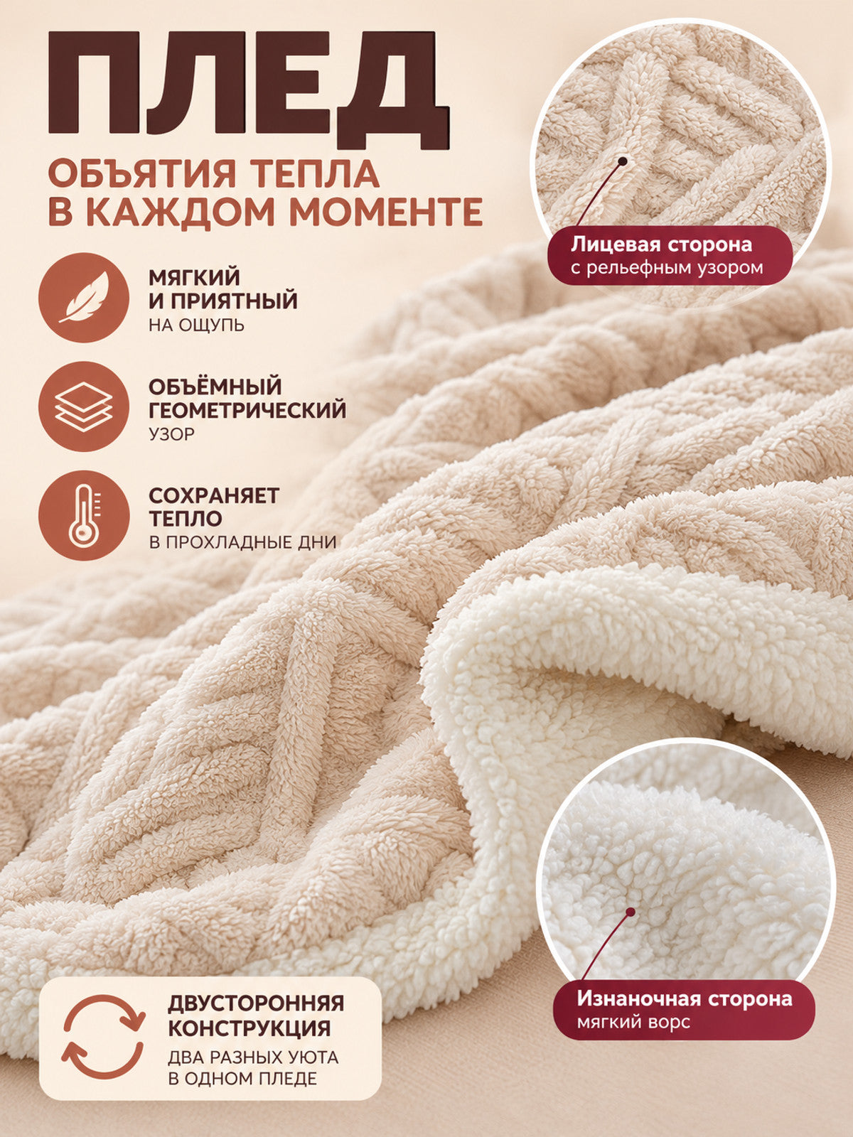 Reversible Cream Coral Fleece Blanket