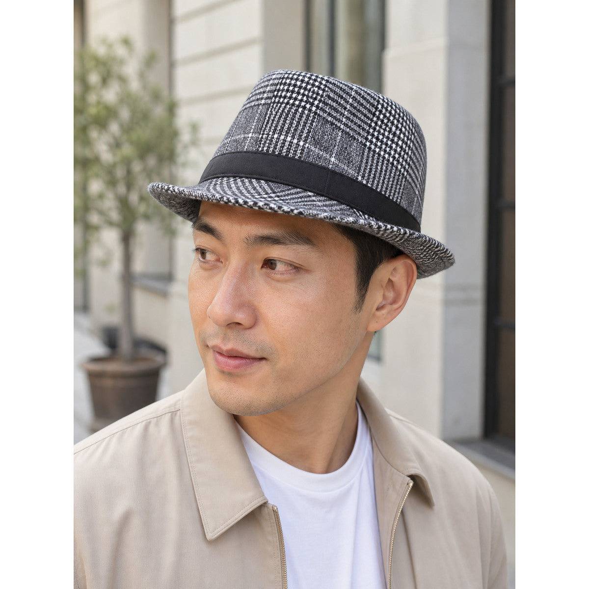 Carnival Hat in Gray and Black Plaid lifestyle view