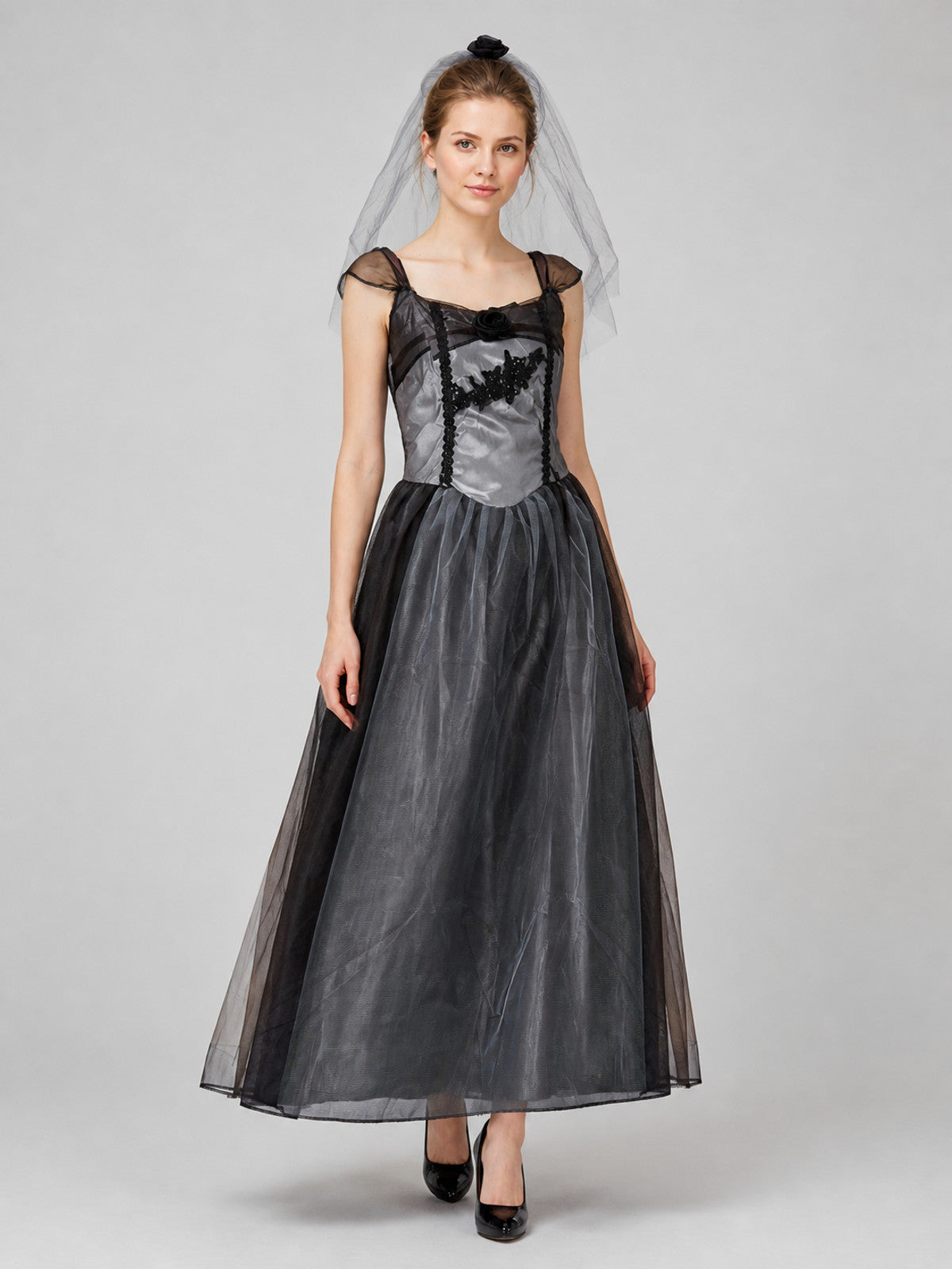 Black and Gray Vampire Bride Costume Dress with Veil Costume Dresses detail