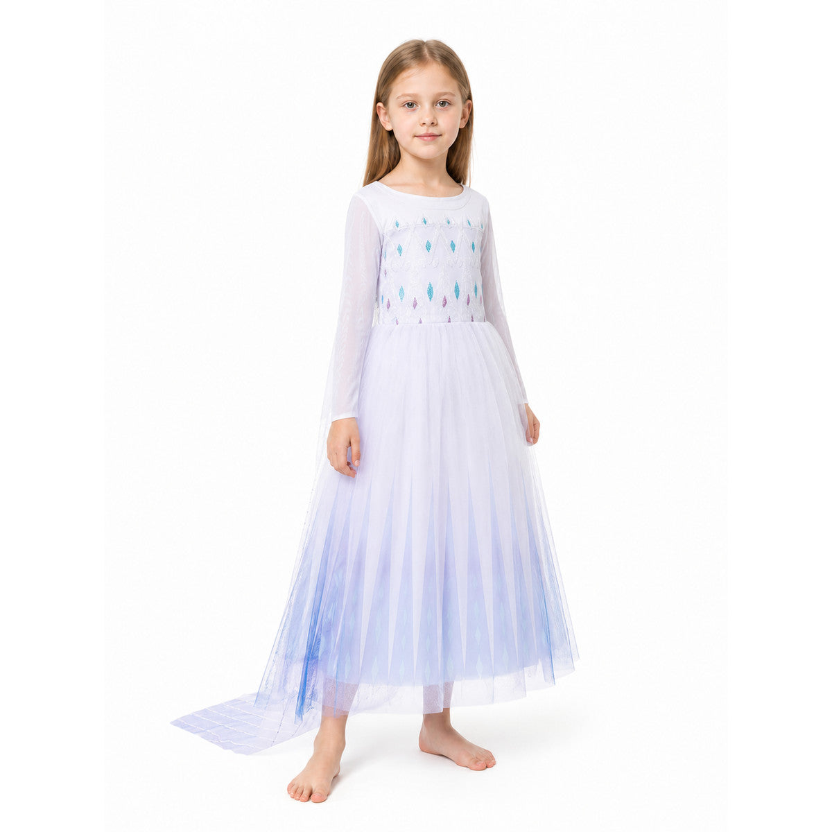 Long Light Blue Carnival Dress with Diamond Patterns Costume Dresses detail