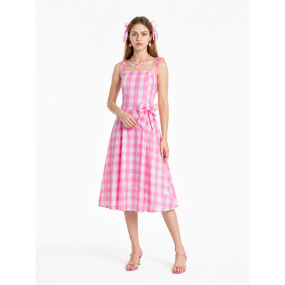 Pink-and-white gingham pinafore dress with a bow Costume Dresses detail