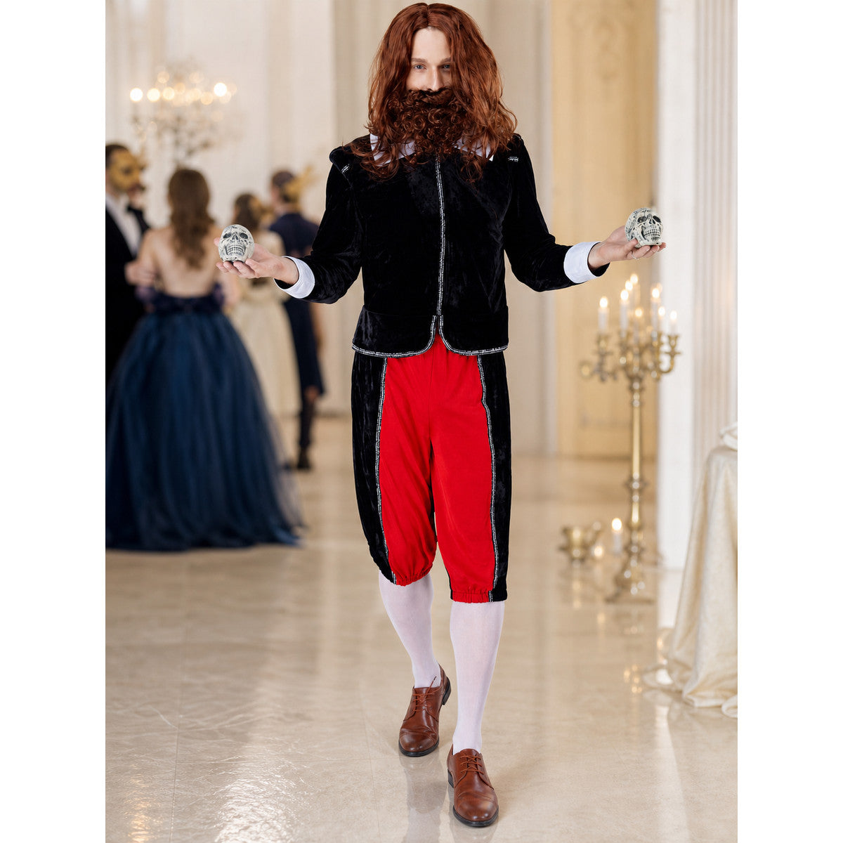 The vampire costume features a combination of black, red, and silver colors. The set includes a black long coat with long sleeves and red pants, combined to create a themed outfit. The front of the coat has a zipper running down the center.