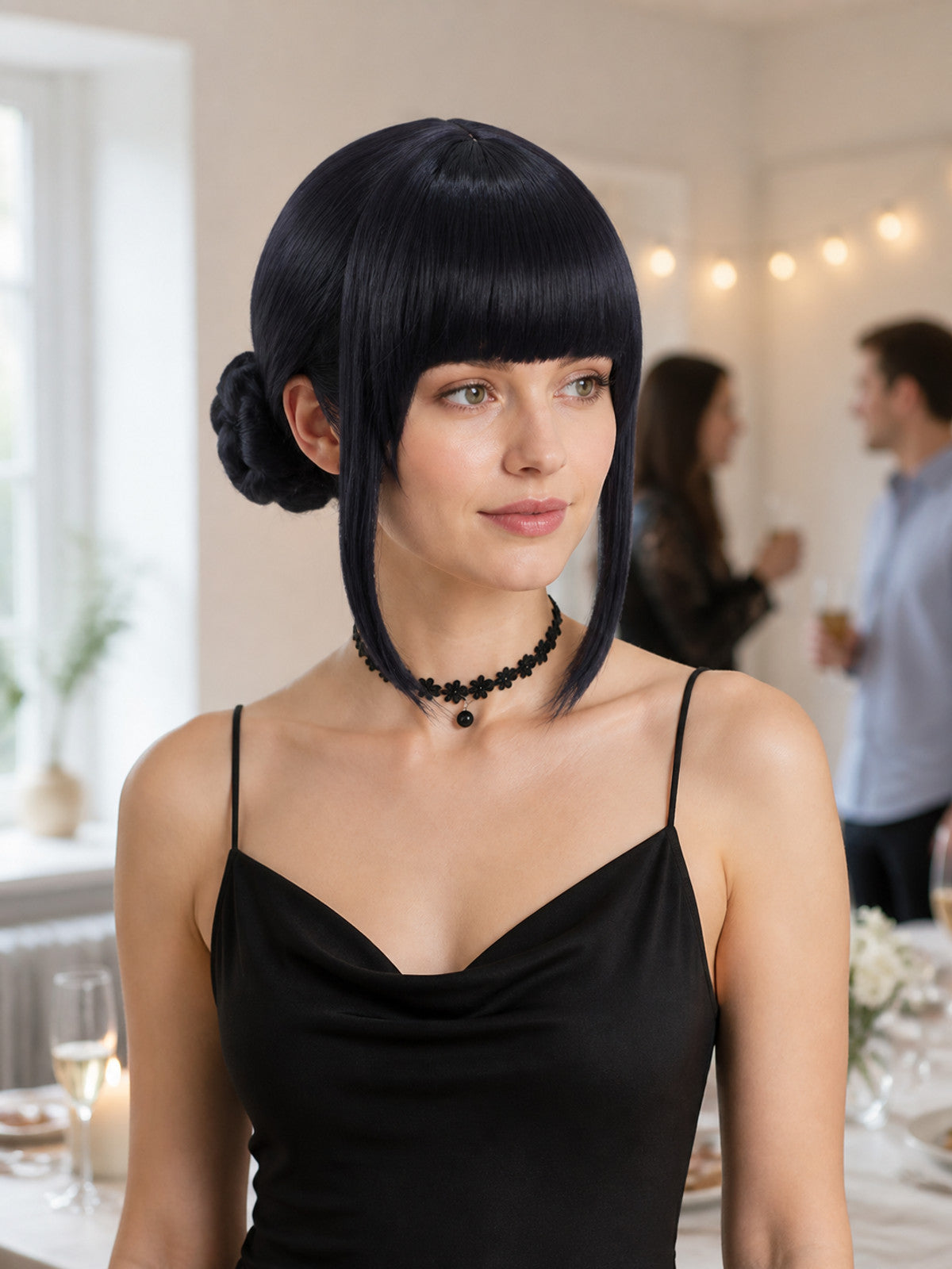 Black cosplay wig with two buns and bangs lifestyle view