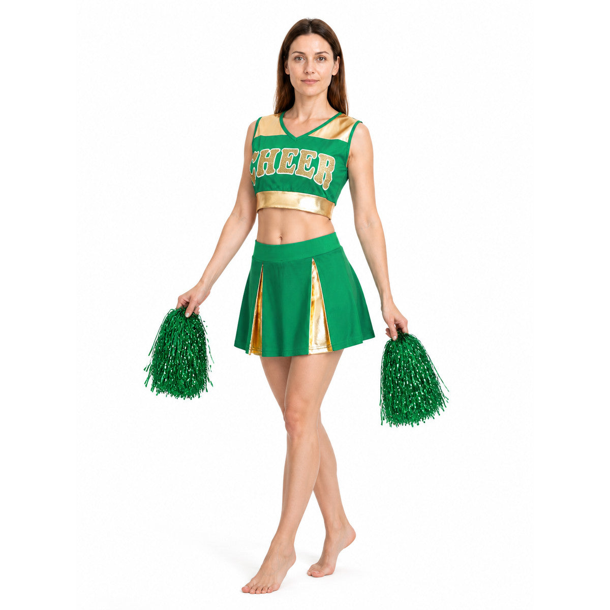 Green Cheerleading Outfit with Gold Accents and “Cheer” Lettering on-model front view