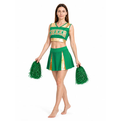 Green Cheerleading Outfit with Gold Accents and “Cheer” Lettering on-model front view