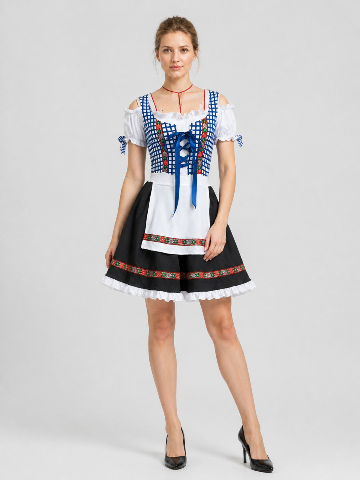 Folk Costume with Apron and Lace, Plaid, S-XXL Costumes detail