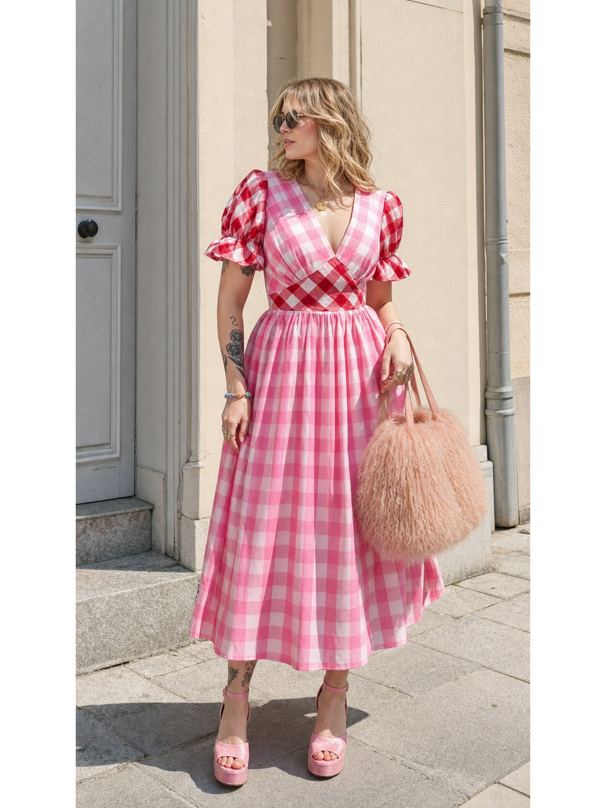 Pink-and-White Plaid Dress with a V-Neck