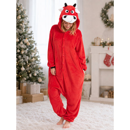Red Plush Bull Kigurumi with Hood and Button Closure lifestyle