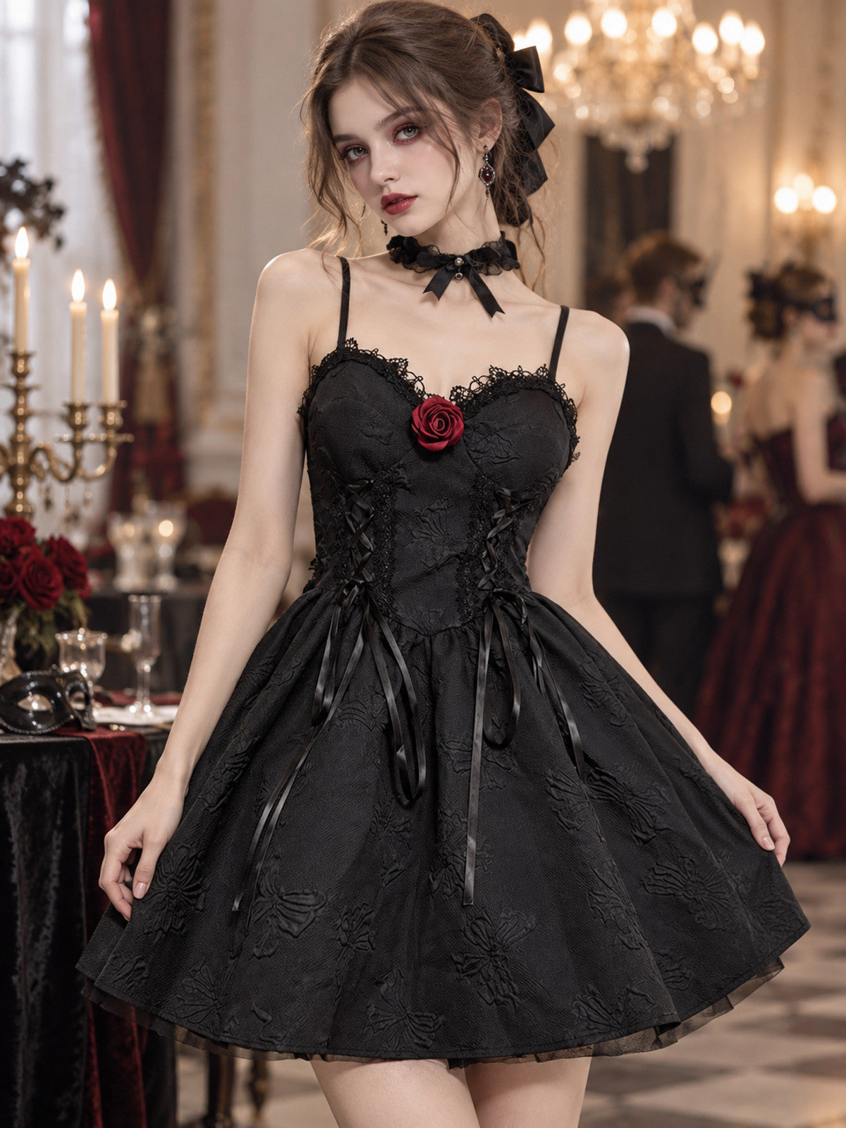 Gothic Black Short Dress with Red Rose