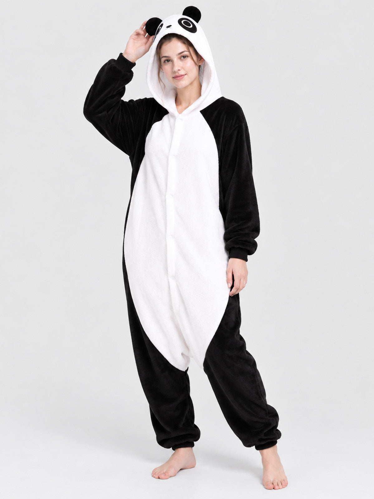 Black and White Panda Hooded Pajama Jumpsuit with Ears