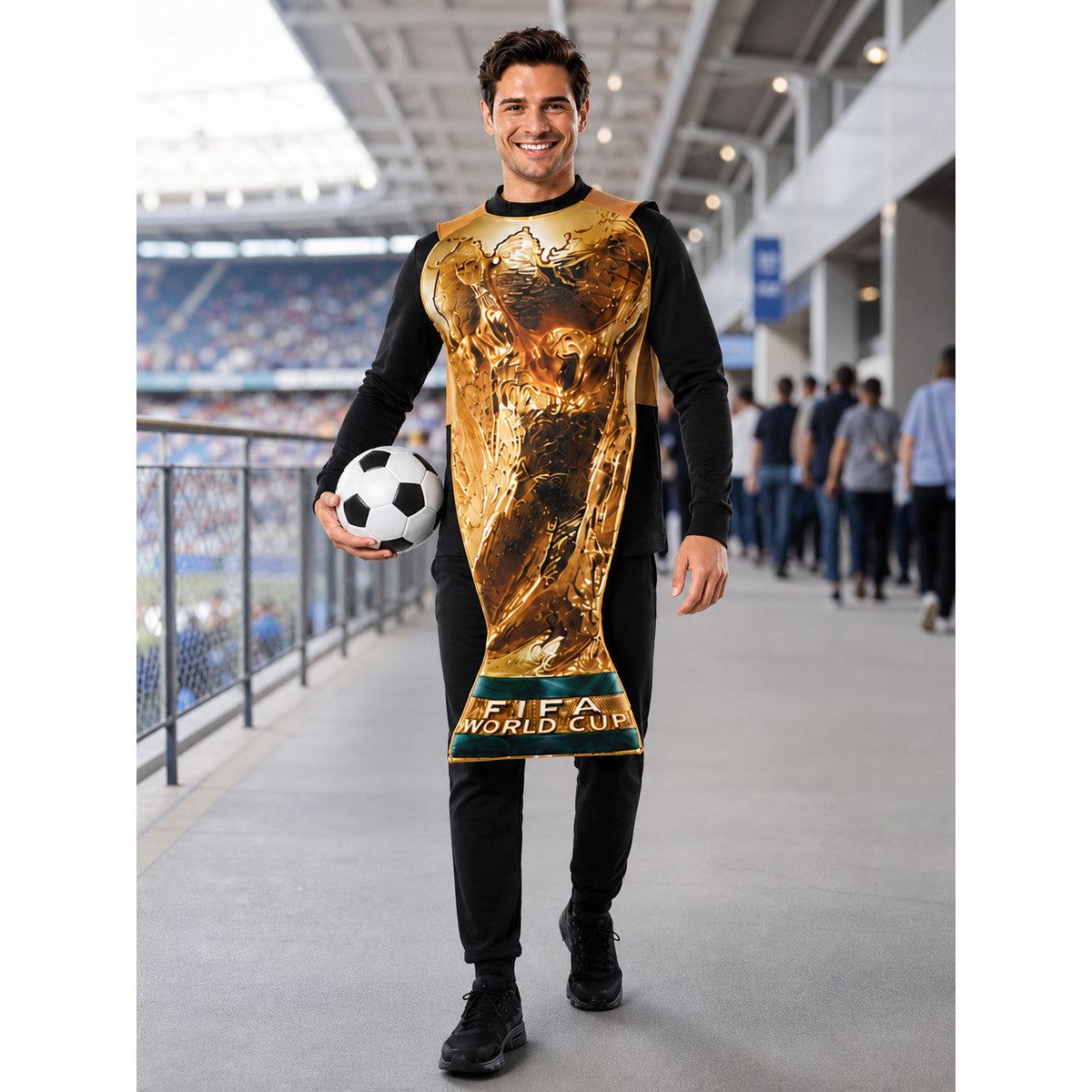World Cup trophy tabard costume worn by a soccer fan in a stadium concourse