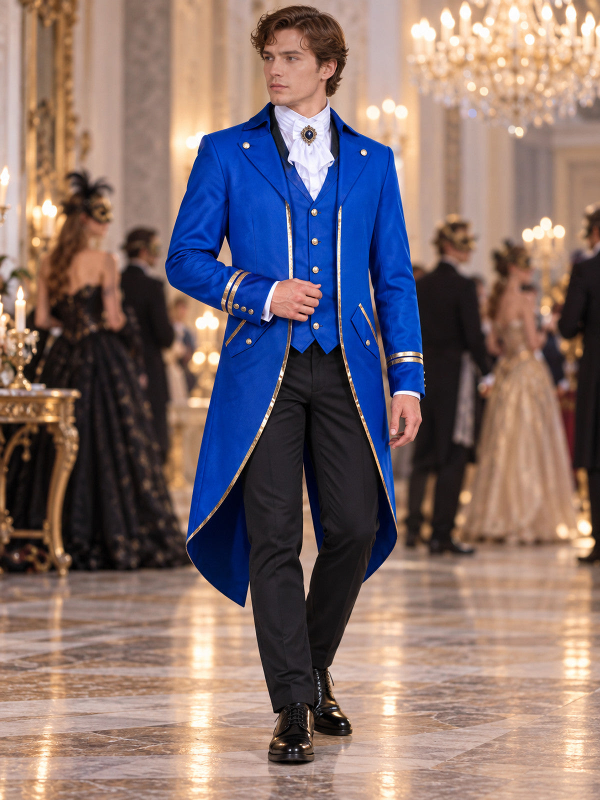 Long blue tailcoat with gold trim and buttons