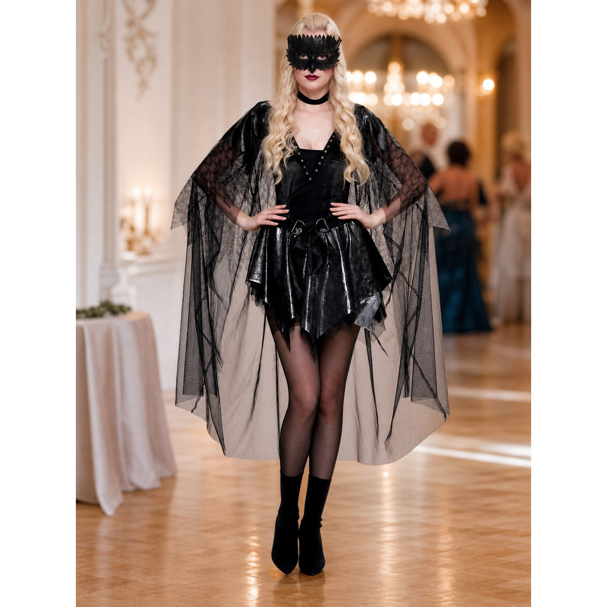 Black vampire costume with cape and mask for a party lifestyle view