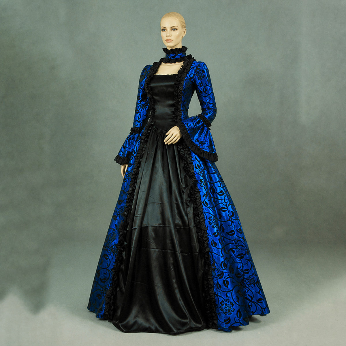 Vintage Blue and Black Dress with Ruffles and a High Collar Costume Dresses detail