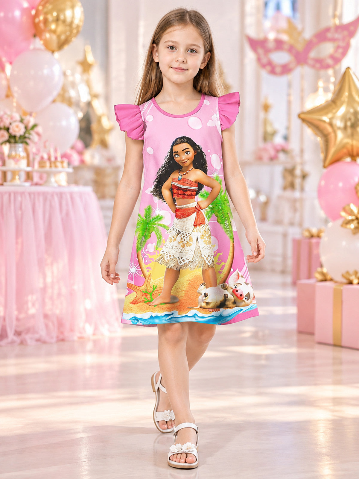 Girls' Short-Sleeve Dress with Print, Pink