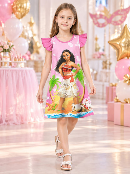 Girls' Short-Sleeve Dress with Print, Pink