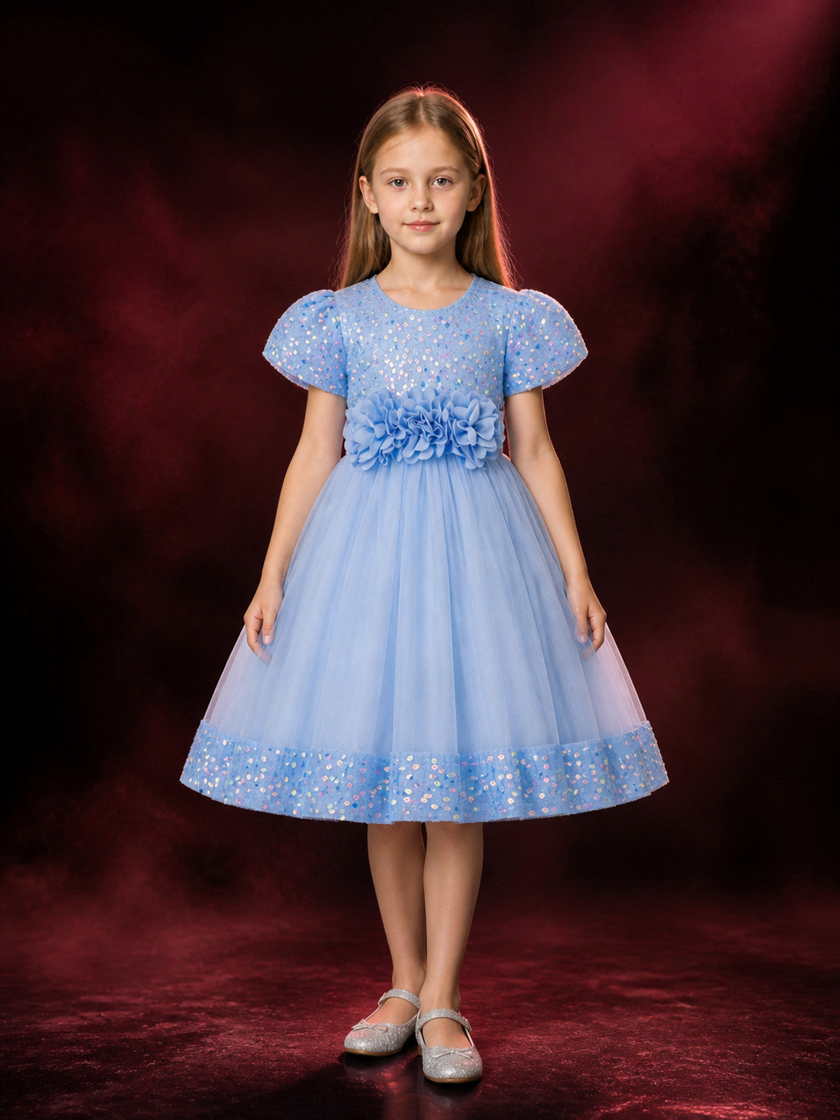 Baby Girls' Sky Blue Princess Dress, Sequined 3D Flower Puff Sleeve Tulle Gown main product view