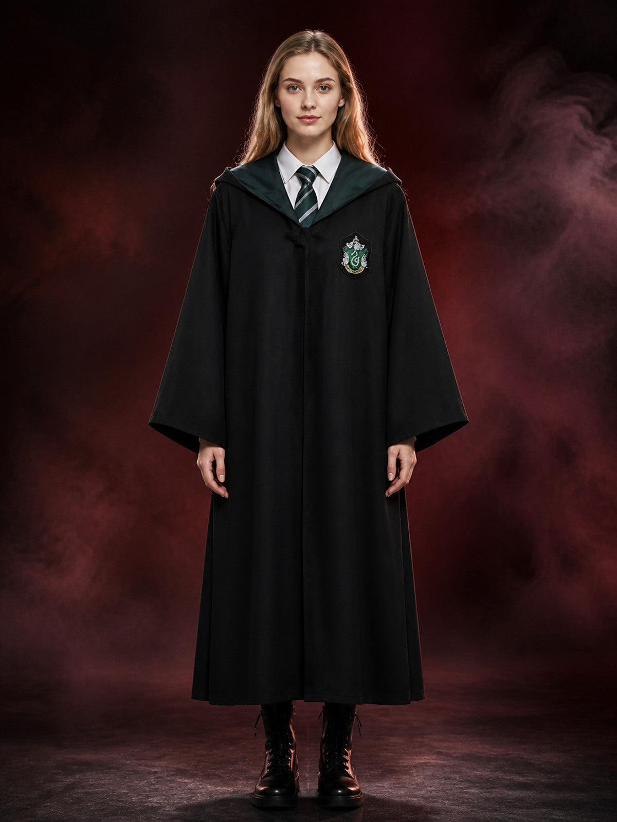 Wizard Robe Costume Set with Striped Tie, Long Black and Green Halloween Cosplay