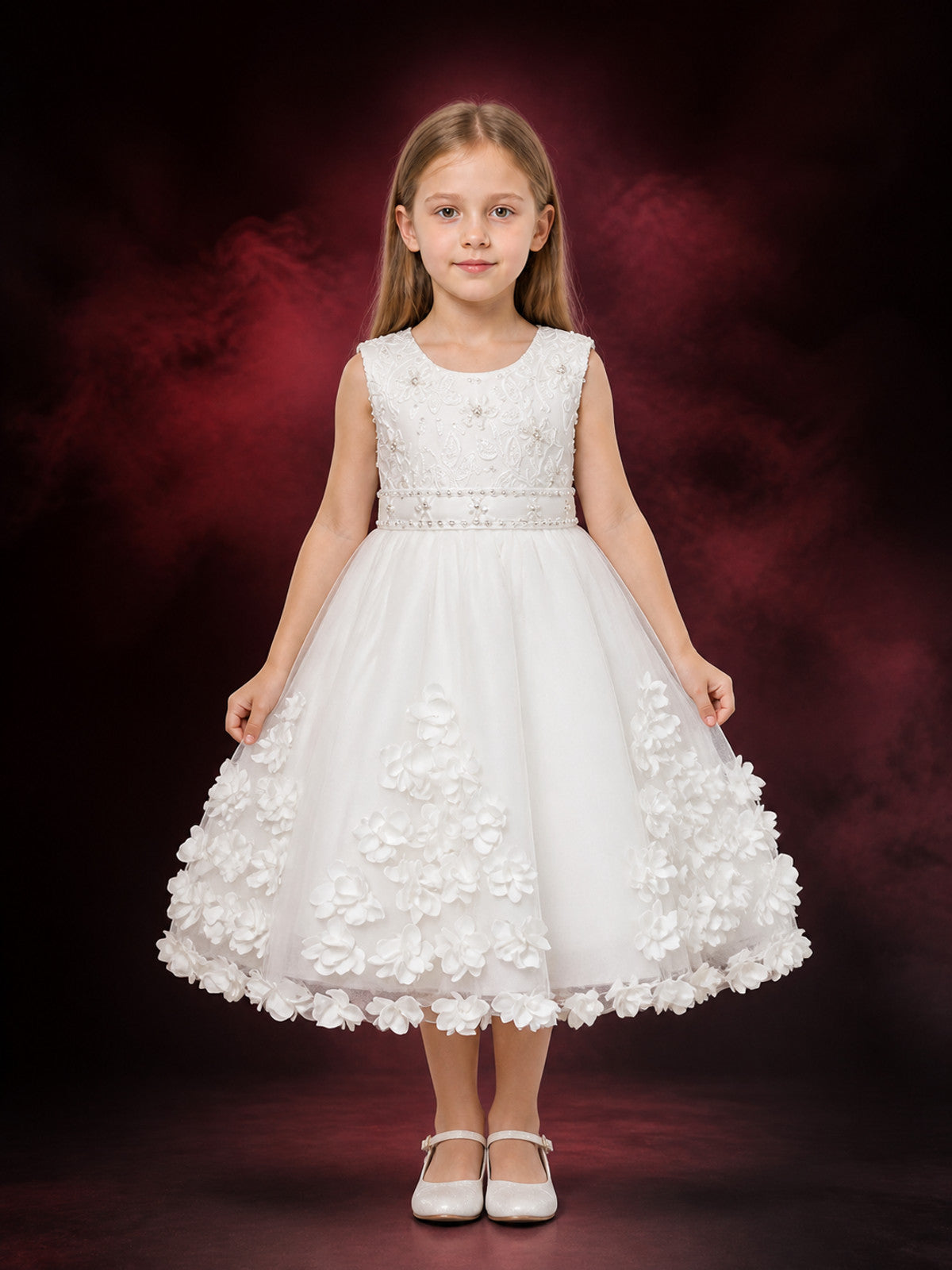 Toddler Girls' White Princess Dress with Floral Embroidery, Beaded Waist and