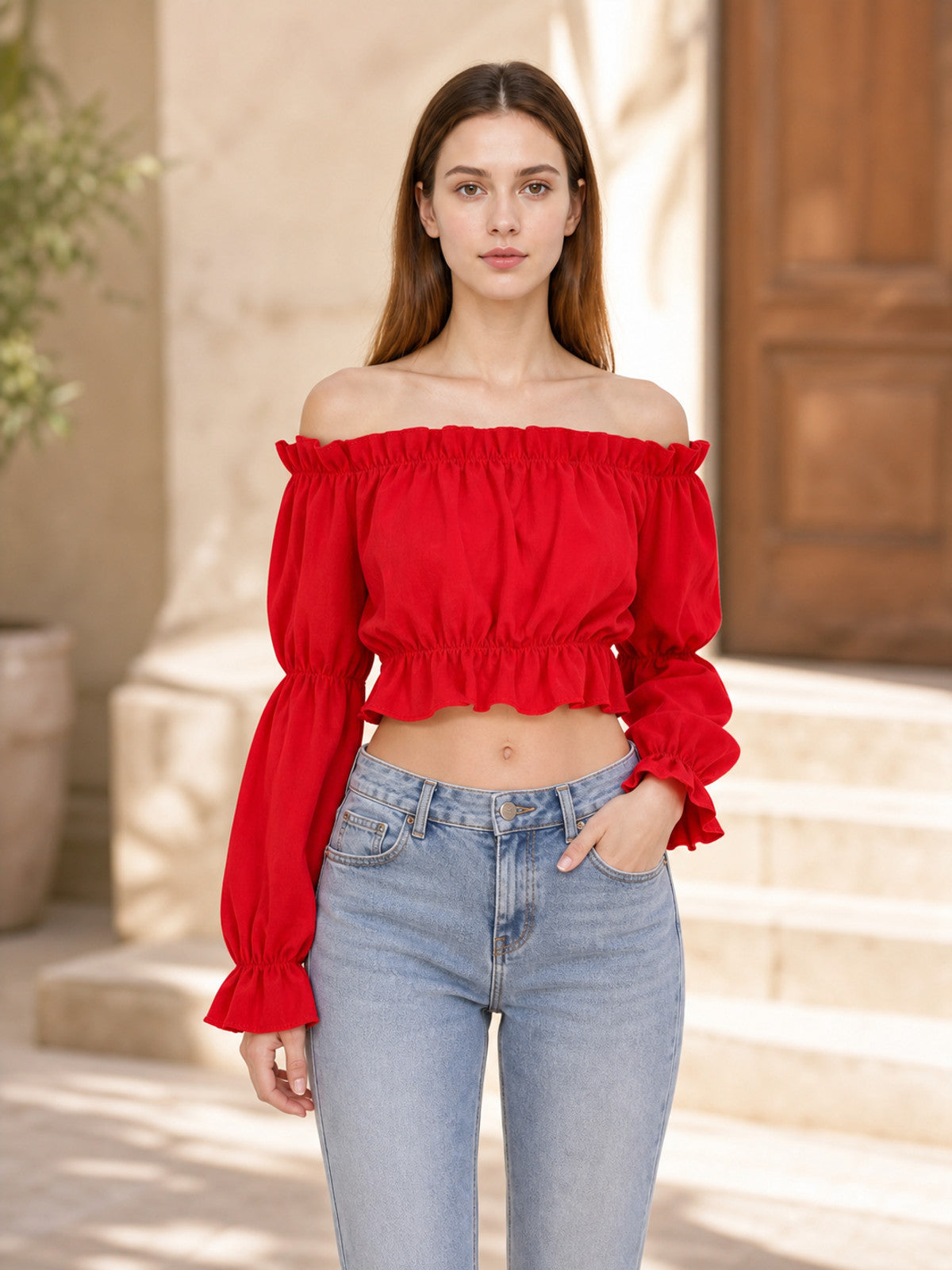 Red Cropped Off-the-Shoulder Top