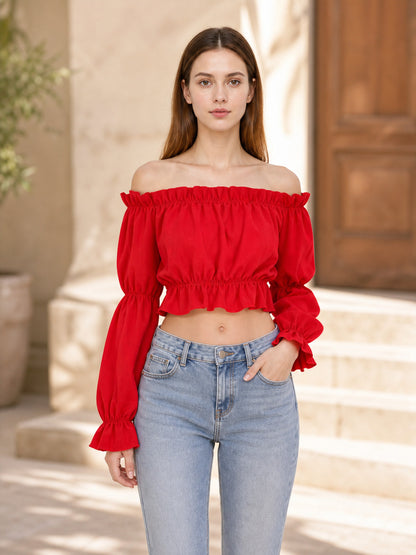 Red Cropped Off-the-Shoulder Top