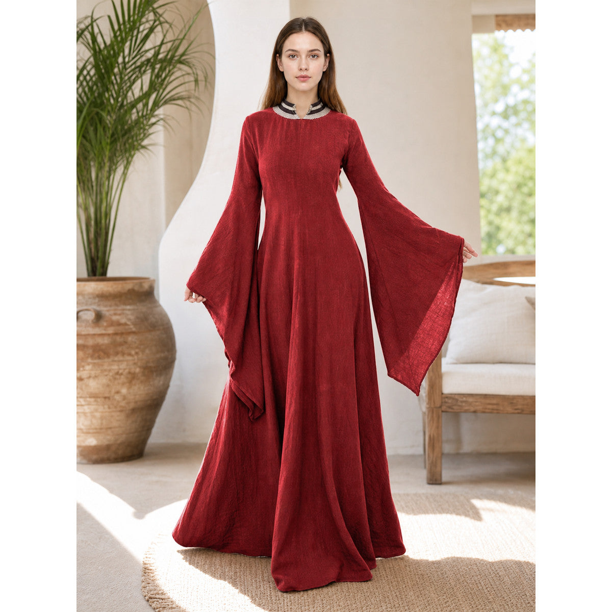 Burgundy Floor-Length Dress with Long Sleeves and Belt lifestyle view