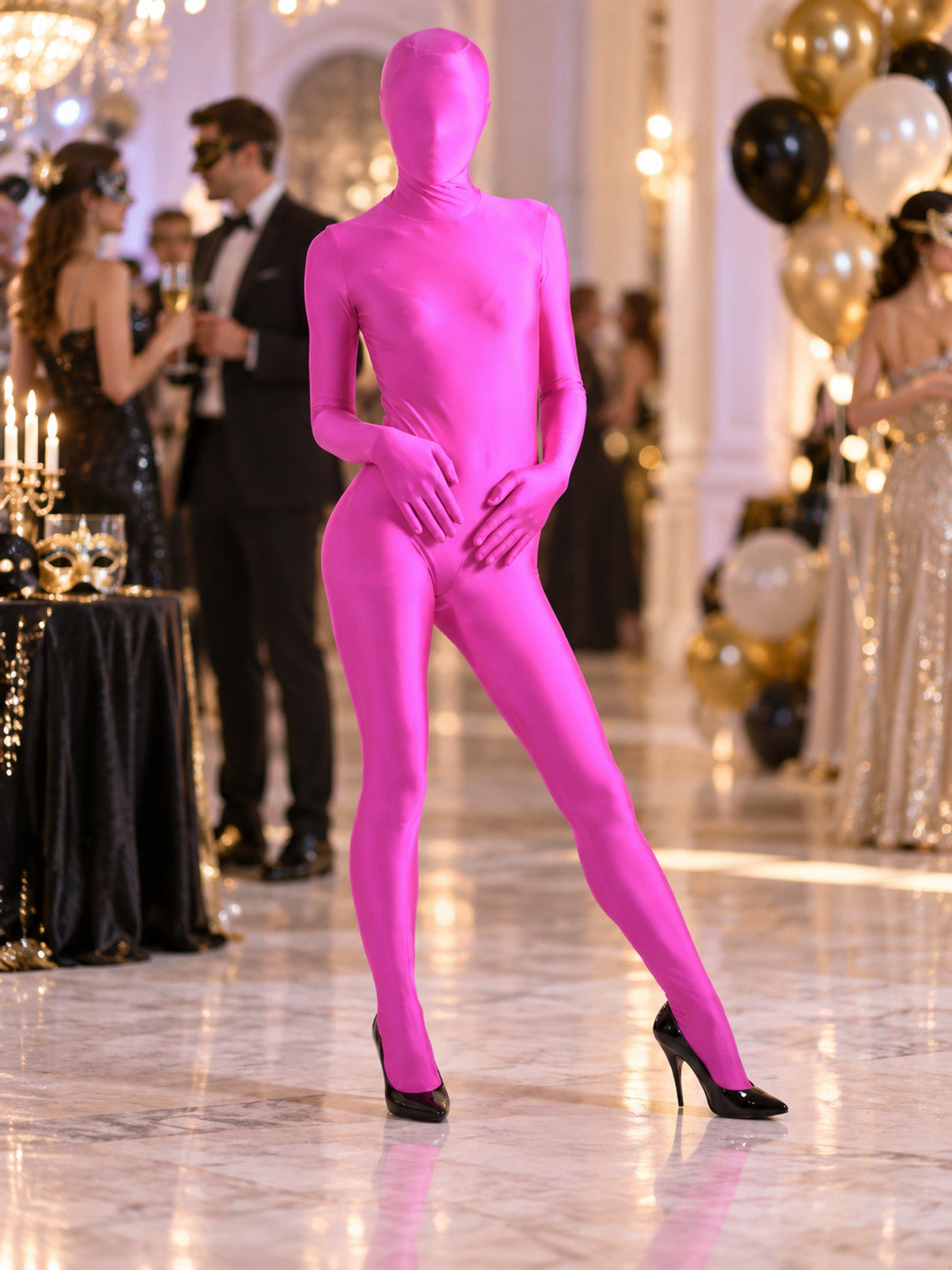 Pink form-fitting bodysuit with hood