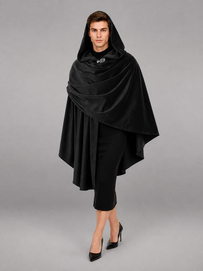 Black hooded cloak with wide draped front and clasp, shown full-body on a model with black clothing