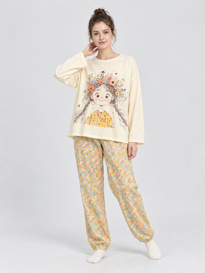 Pajama Set: Long-Sleeve Top and Long Printed Pants