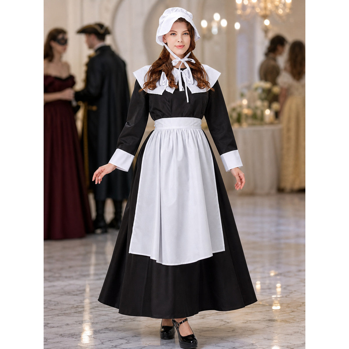 The uniform costume is designed in a black-and-white color scheme and combines elements of a classic maid outfit with a stage costume format. The model creates a complete look with a black top and skirt, long sleeves, white cuffs, a wide wh