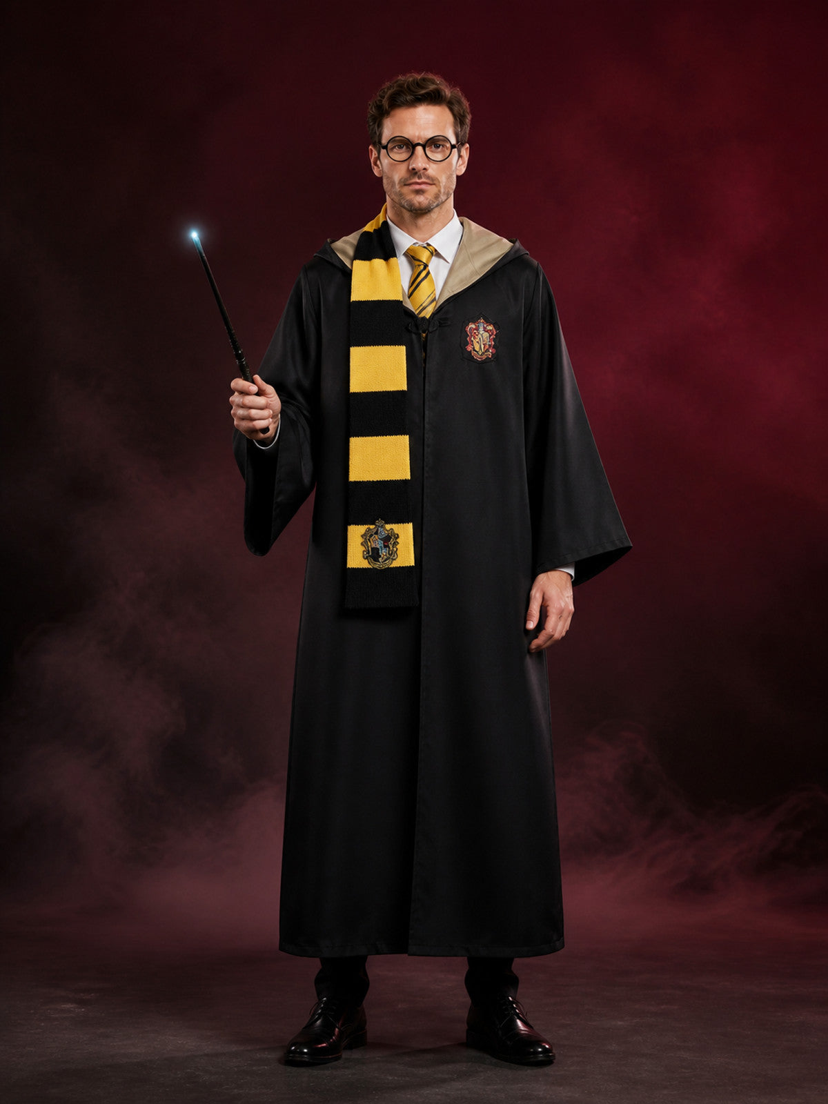 Hufflepuff Wizard Robe Costume Set with Scarf, Tie, Glasses and Wand