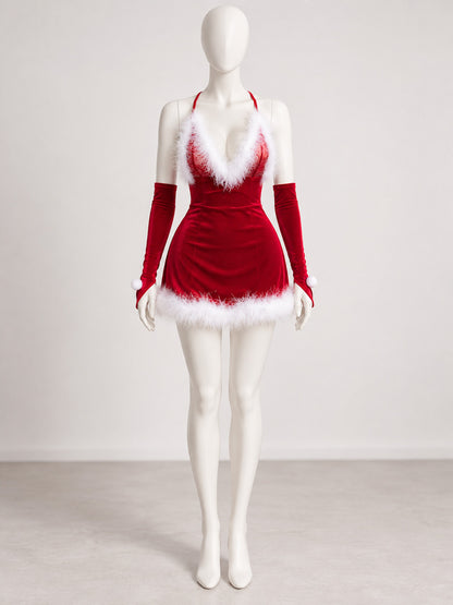 Red carnival dress with white faux fur trim