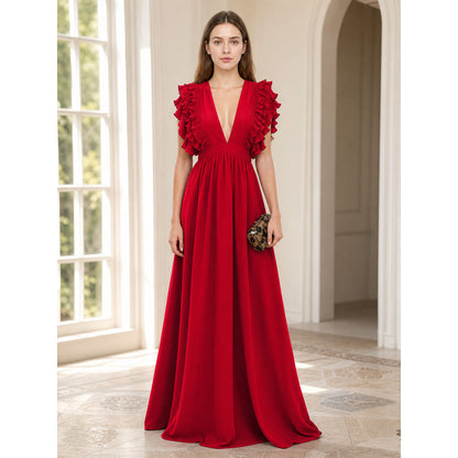 Floor-Length Ruffled Dress with a Deep V-Neckline
