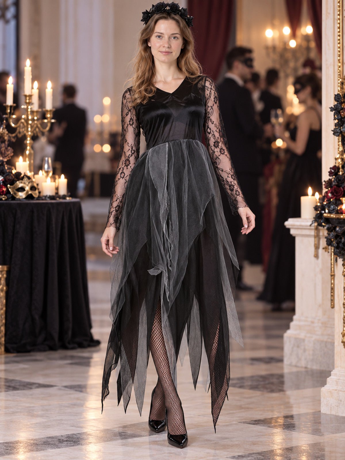 Ghost carnival costume black mesh dress