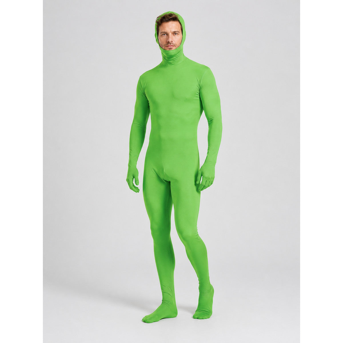 Green skin-tight jumpsuit for chroma key and Halloween Costumes detail