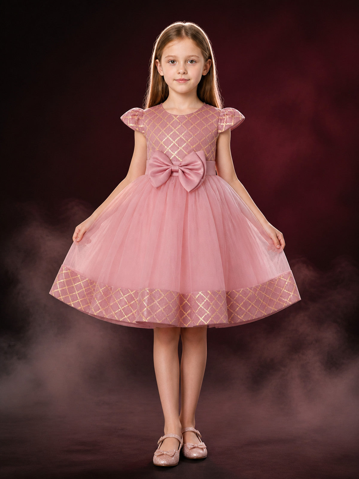 Toddler Girls' Pink Princess Formal Dress, Puff Sleeves, Oversized Bow, Gold main product view