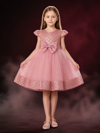 Toddler Girls' Pink Princess Formal Dress, Puff Sleeves, Oversized Bow, Gold main product view