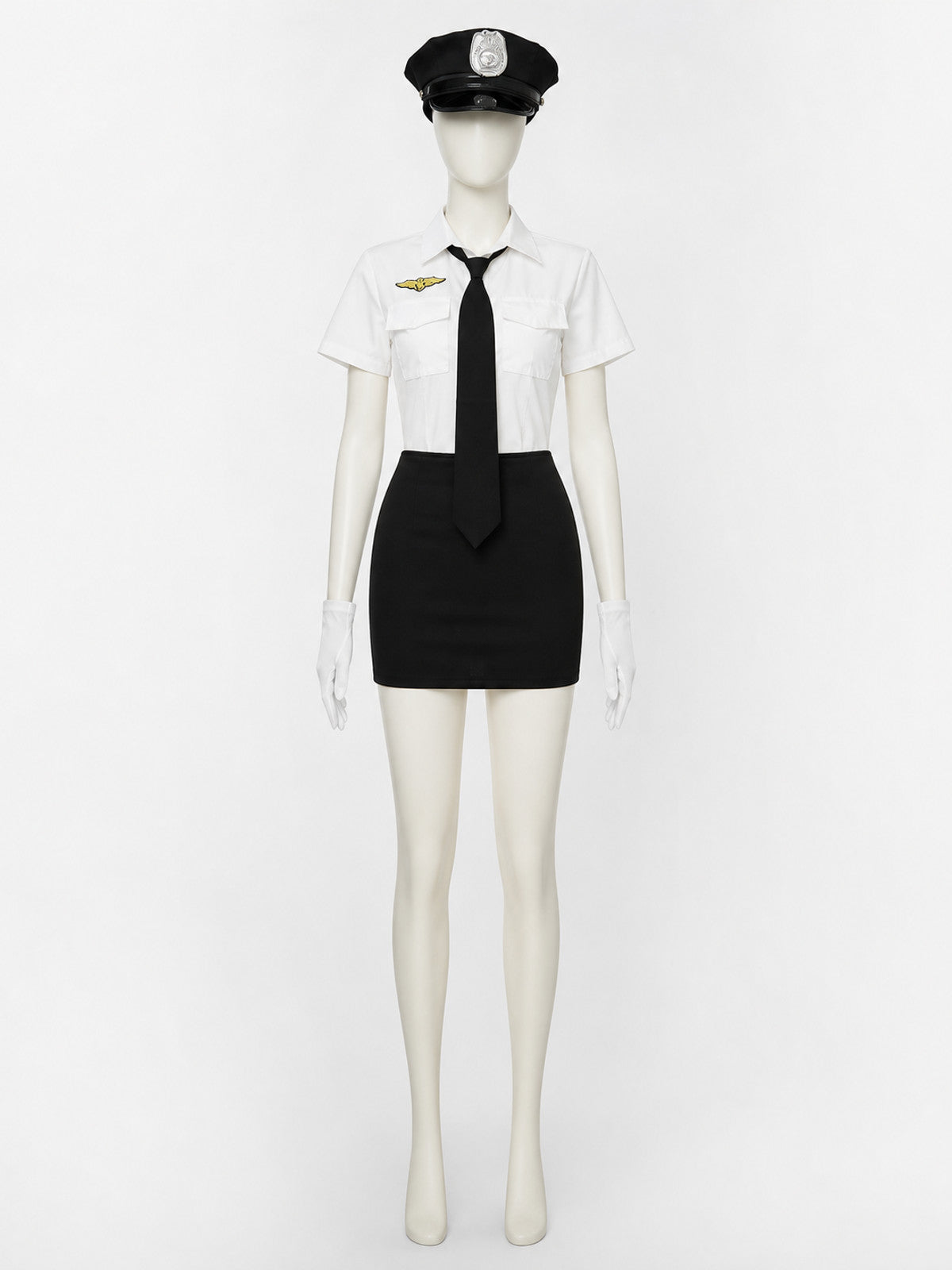 Women's Police Role Play Costume Set - White Short Sleeve Top, Black Tie & High main product view