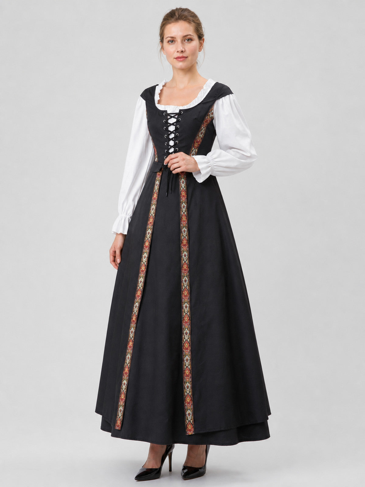 Black Dress with Lace Collar and Ethnic Pattern