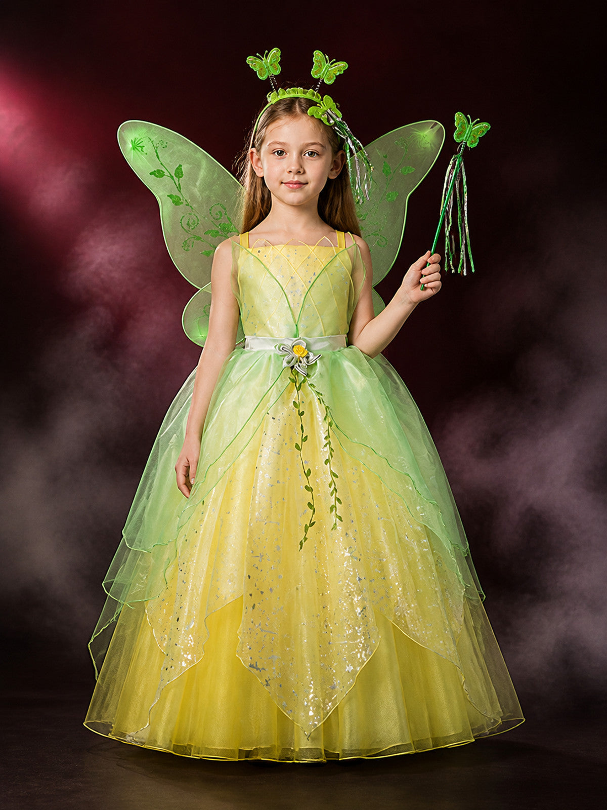 Girls Fairy Princess Dress Costume with Translucent Wings, Green Yellow Ombre