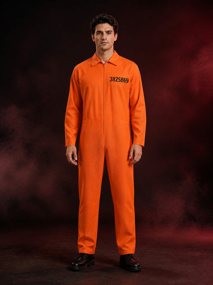 Orange Prison Jumpsuit Costume for Halloween with Zip-Front and Number Print