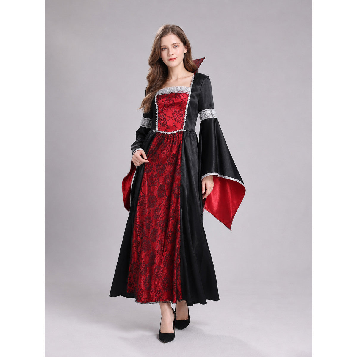 Red and Black Long Dress with Cape and Necklace