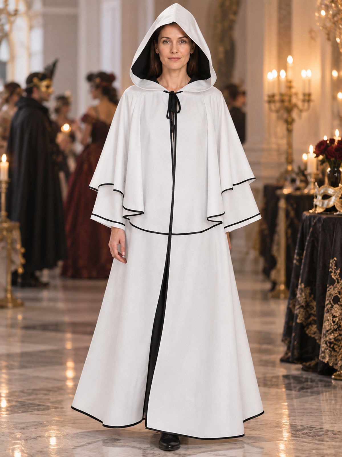 Long White Hooded Cloak with Black Trim