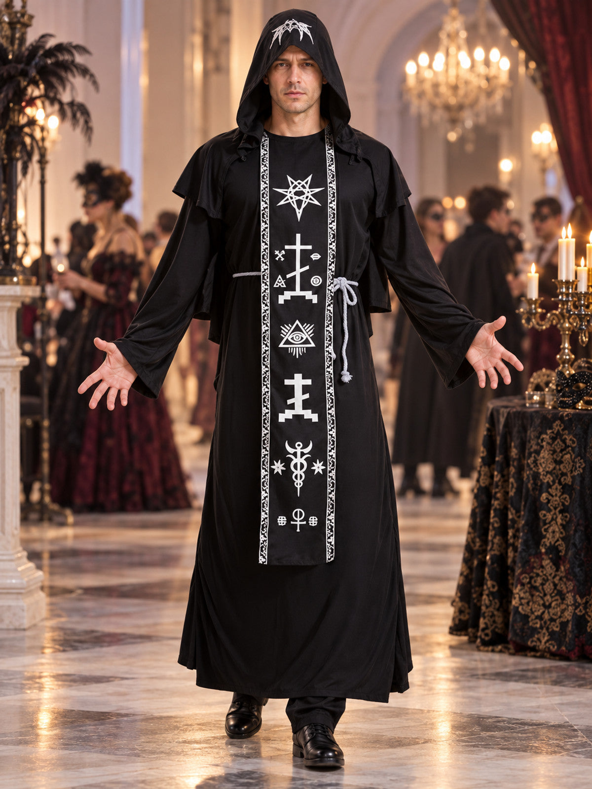 Vampire Halloween Costume with Hood and White Symbols
