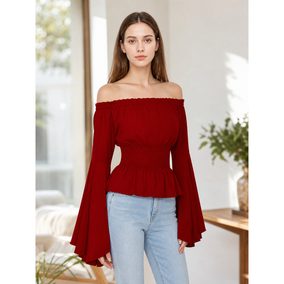Long-Sleeve Peplum Blouse, Deep Red